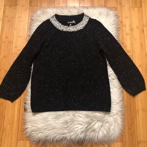 Karl Lagerfeld Pearl Embellished Wool Blend Preppy Puff Sleeves Black Sweater M